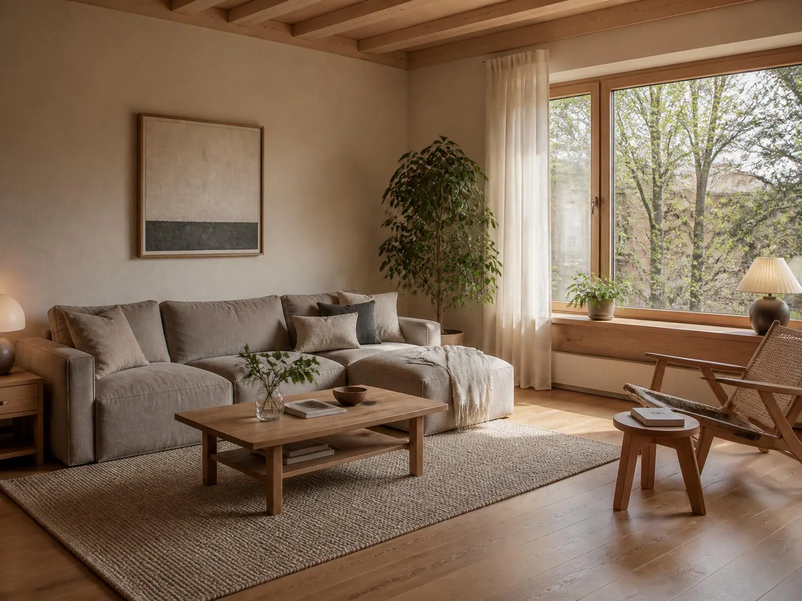 Wohnlich eingerichtetes Wohnzimmer mit Holzboden und warmem Tageslicht