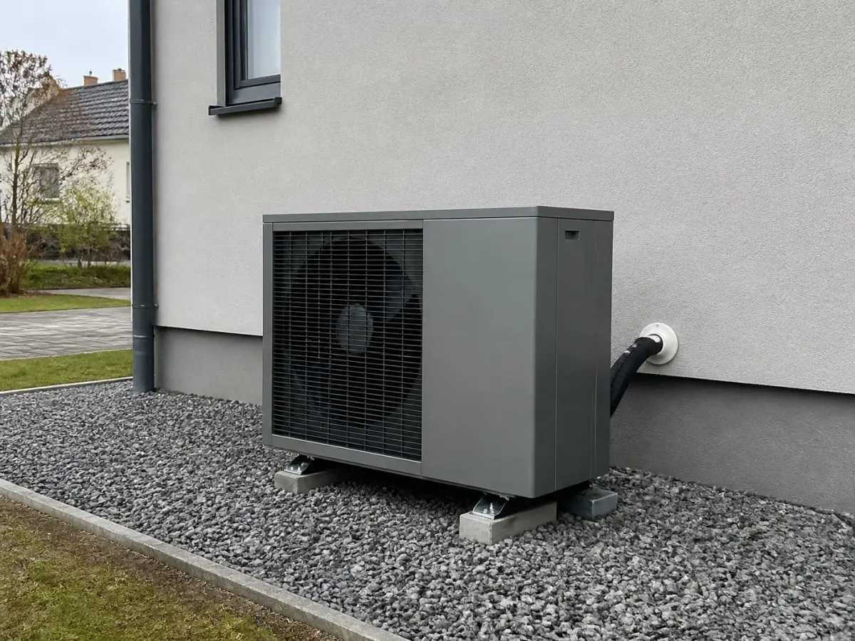 Wärmepumpen-Außeneinheit auf Kiesstreifen an einer Hauswand