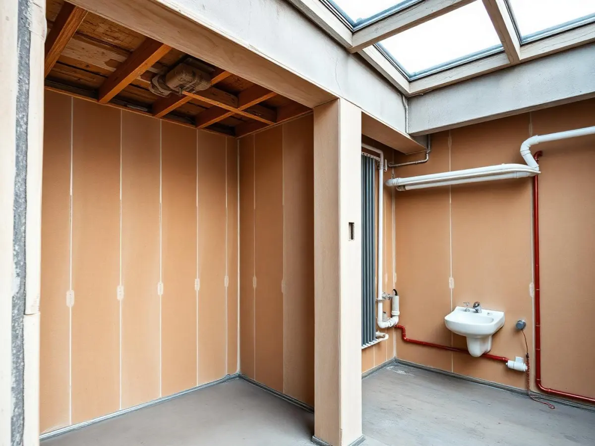 Rohbau mit neu installierten Sanitär- und Heizungsleitungen
