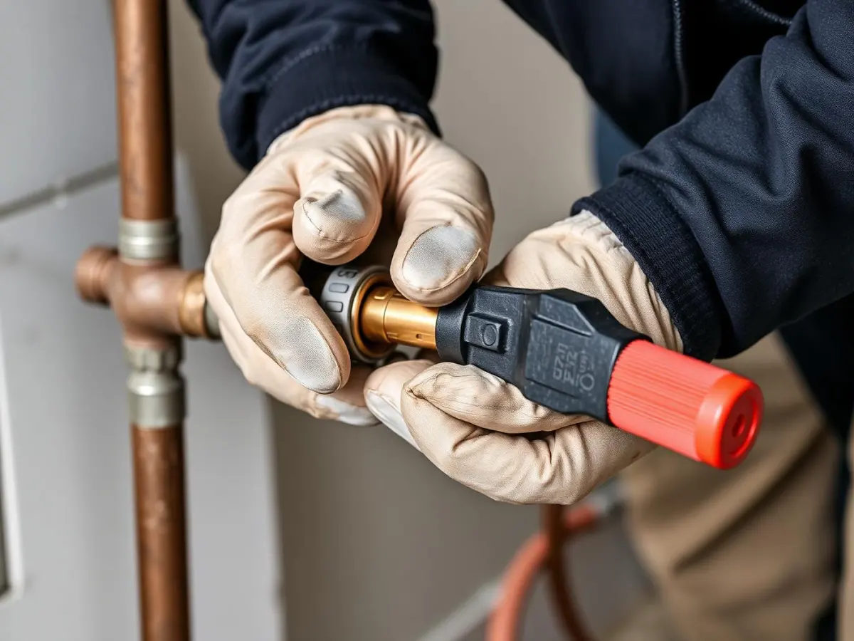 Techniker verpresst eine Rohrverbindung mit einem Pressgerät
