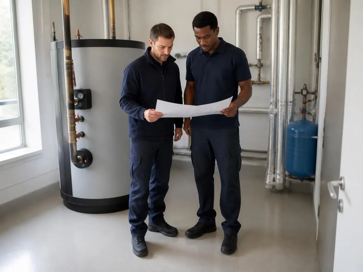 Zwei Techniker besprechen einen Plan in einem Technikraum